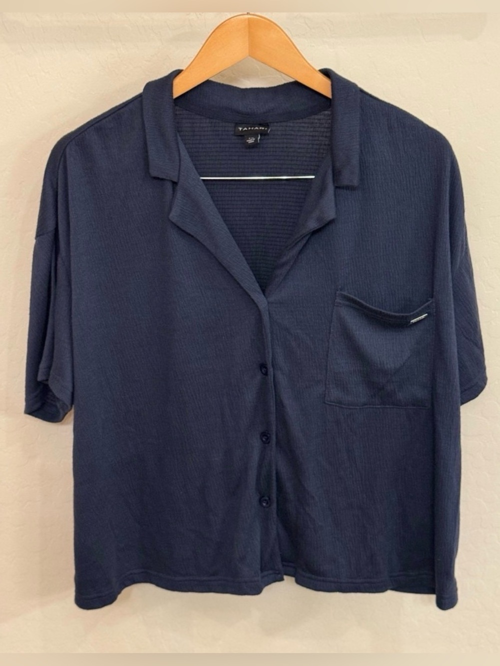 Tahari Navy Blue Waffle Knit Short Sleeve Button Down Lounge Shirt L